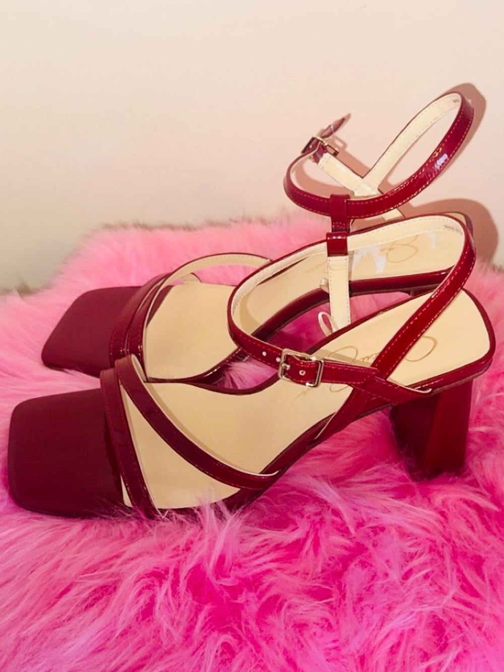 Jessica Simpson Deep Red Patent Square-Toe Ankle-Strap Heels - Picture 2 of 5